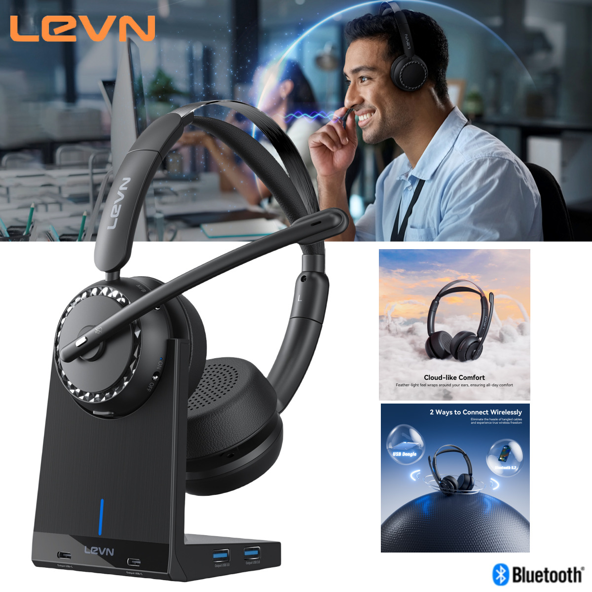 LEVN Bluetooth 5.2 Wireless Headset, With Microphone AI Noise Cancelling For PC