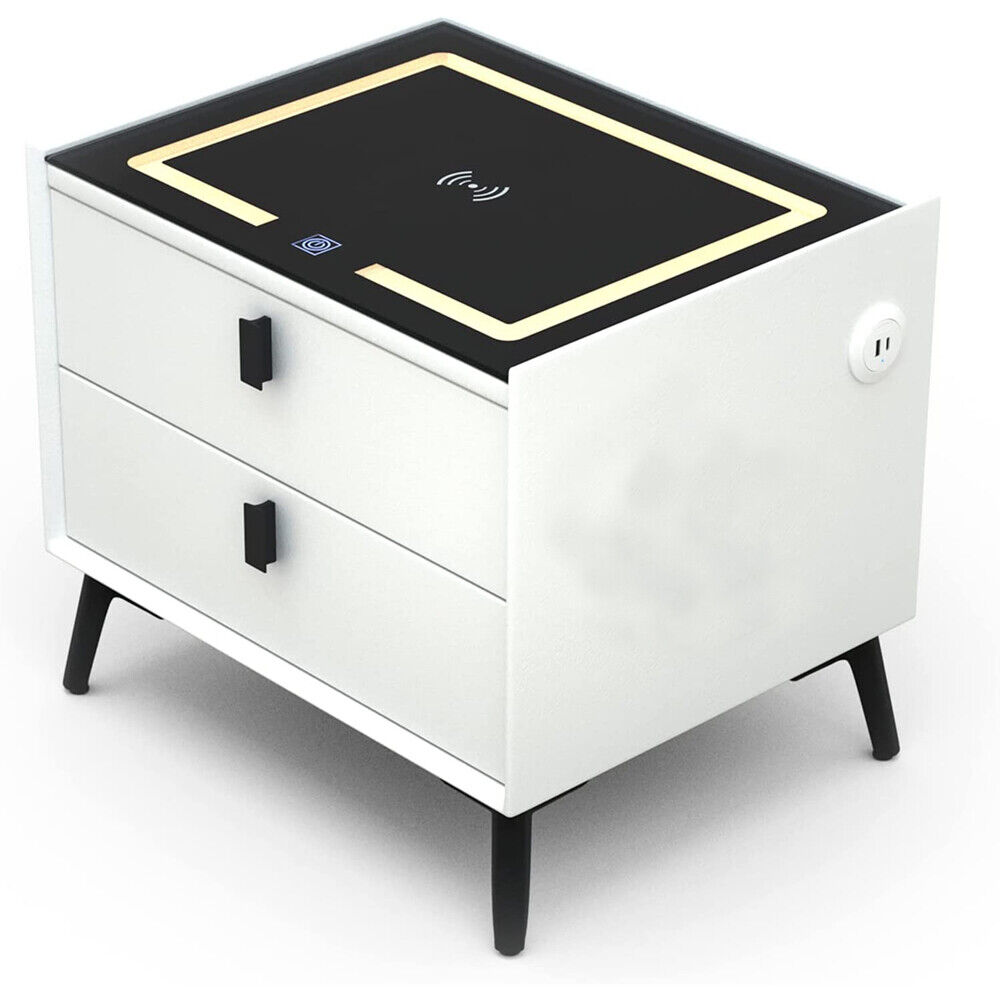 Nightstand with Wireless Charging USB Charger Table Led Lights 2 Storage Drawers