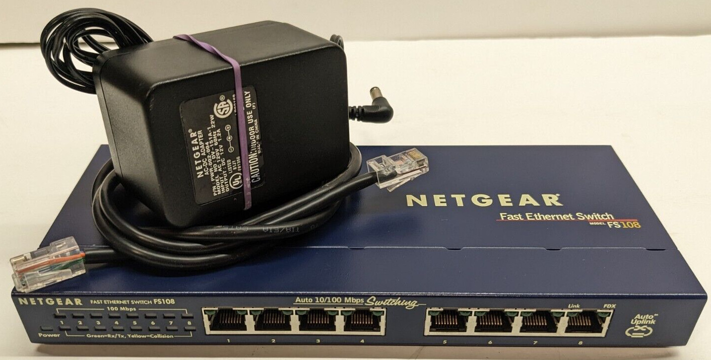 Netgear FS108 Fast Ethernet Switch 8 Ports 10/100 with AC Adapter Power Supply