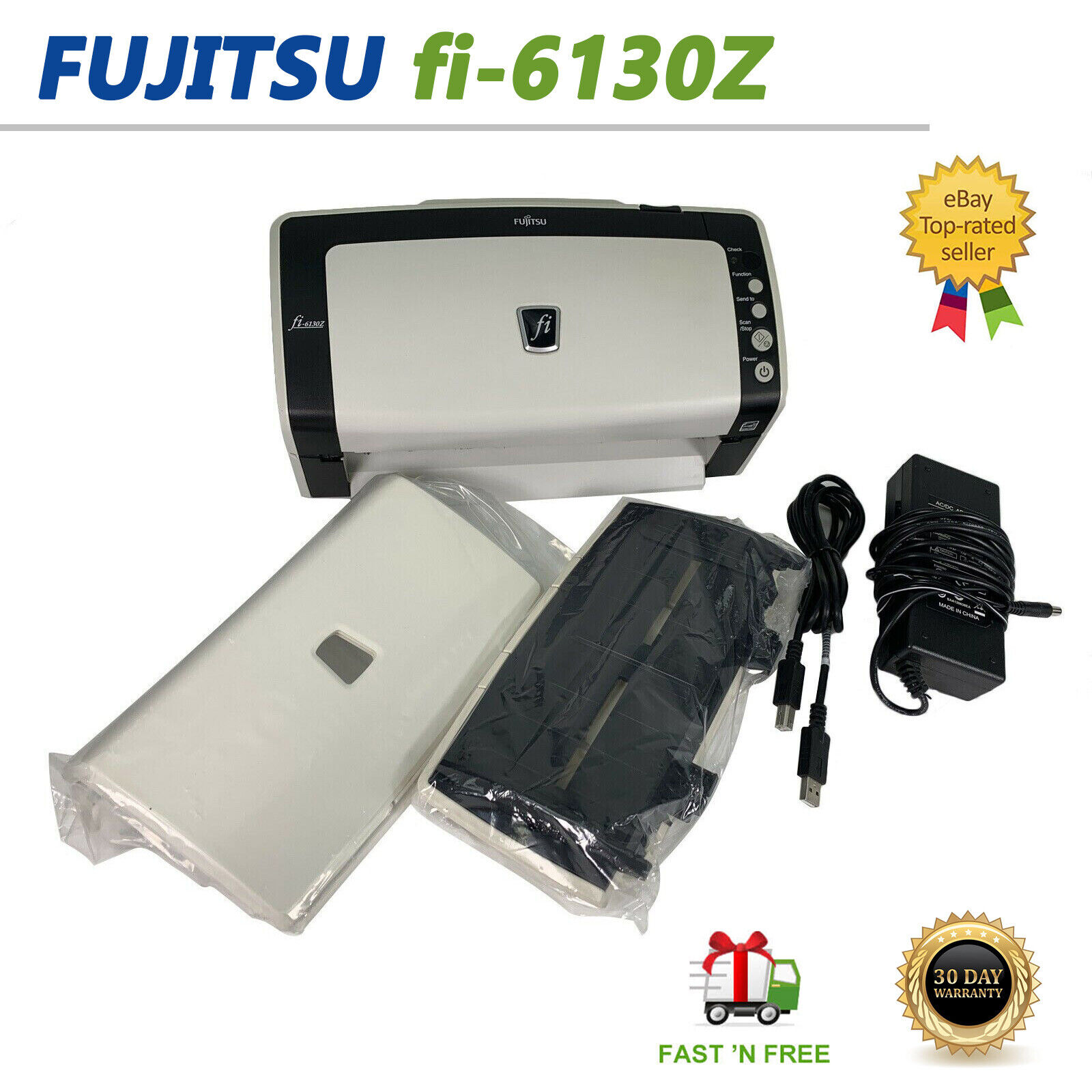 Fujitsu FI-6130Z ADF Duplex Document Color Scanner USB NEW Rollers Trays Adapter