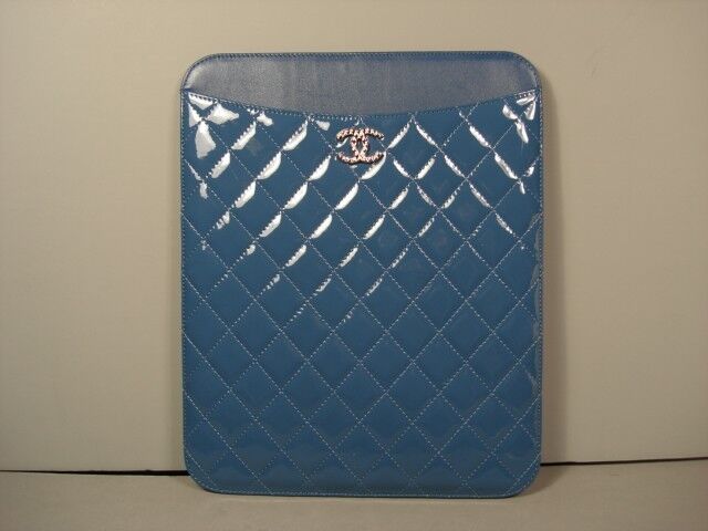 Chanel Blue Quilted Leather iPad tablet holder cover case w/box new authentic