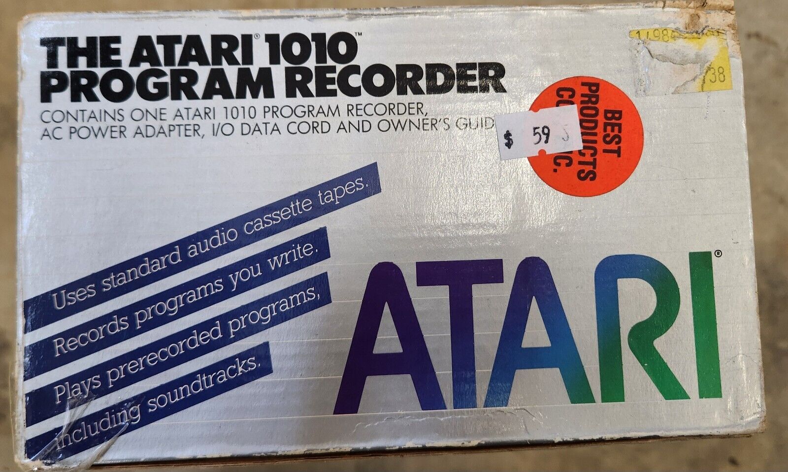 Vintage 1982 Atari 1010 Program Recorder w/original Box + Styro, FOR PARTS 