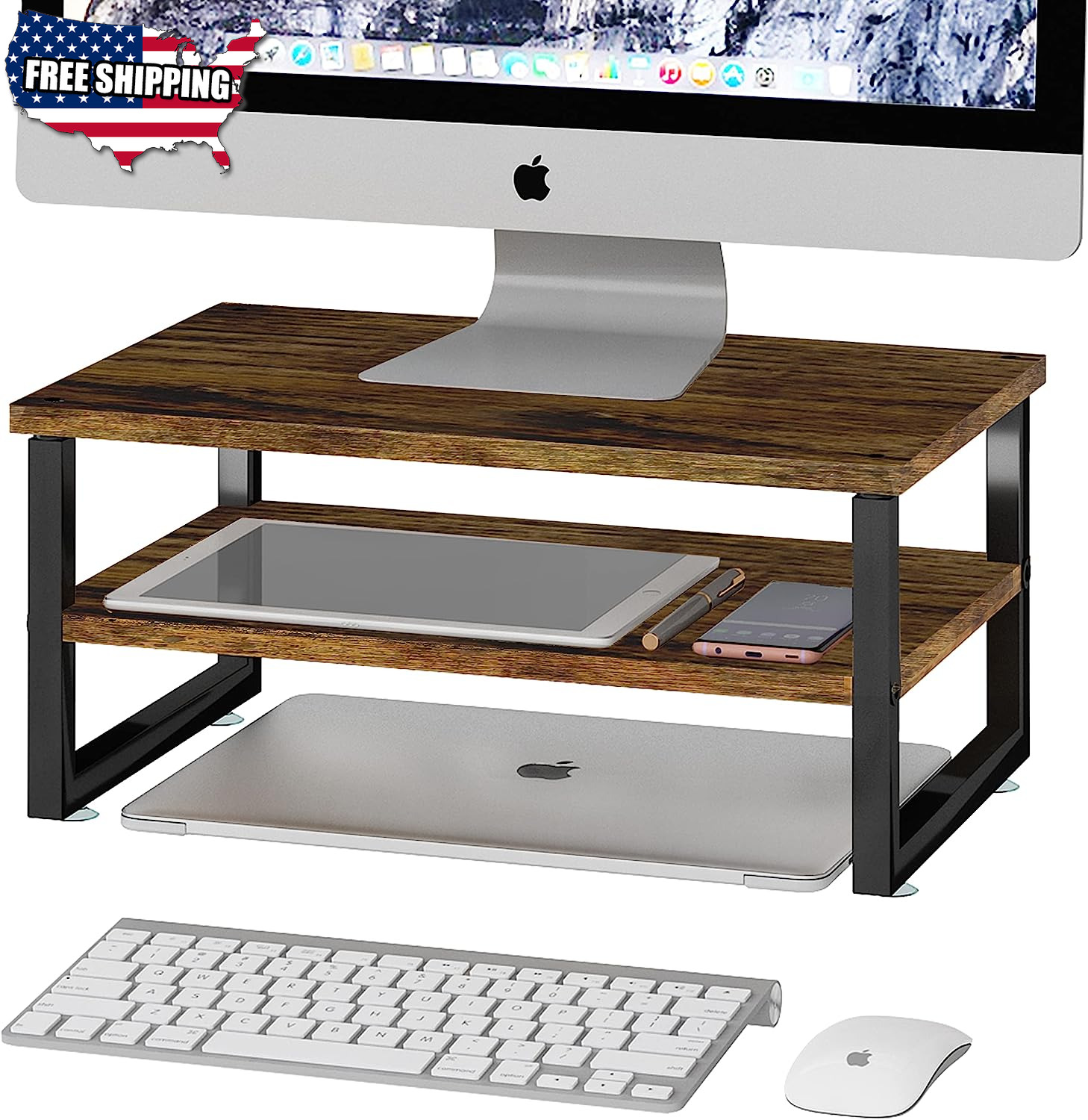2-Tier Monitor Stand Riser Wood Desk Organizer Stand for iMac Computer Laptop