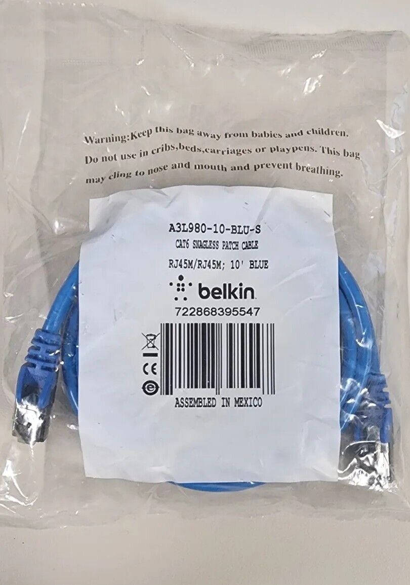 Belkin RJ-45 LAN Ethernet A3L980-10-BLU-S 10Ft Cat6 Snagless Network Cable(Blue)