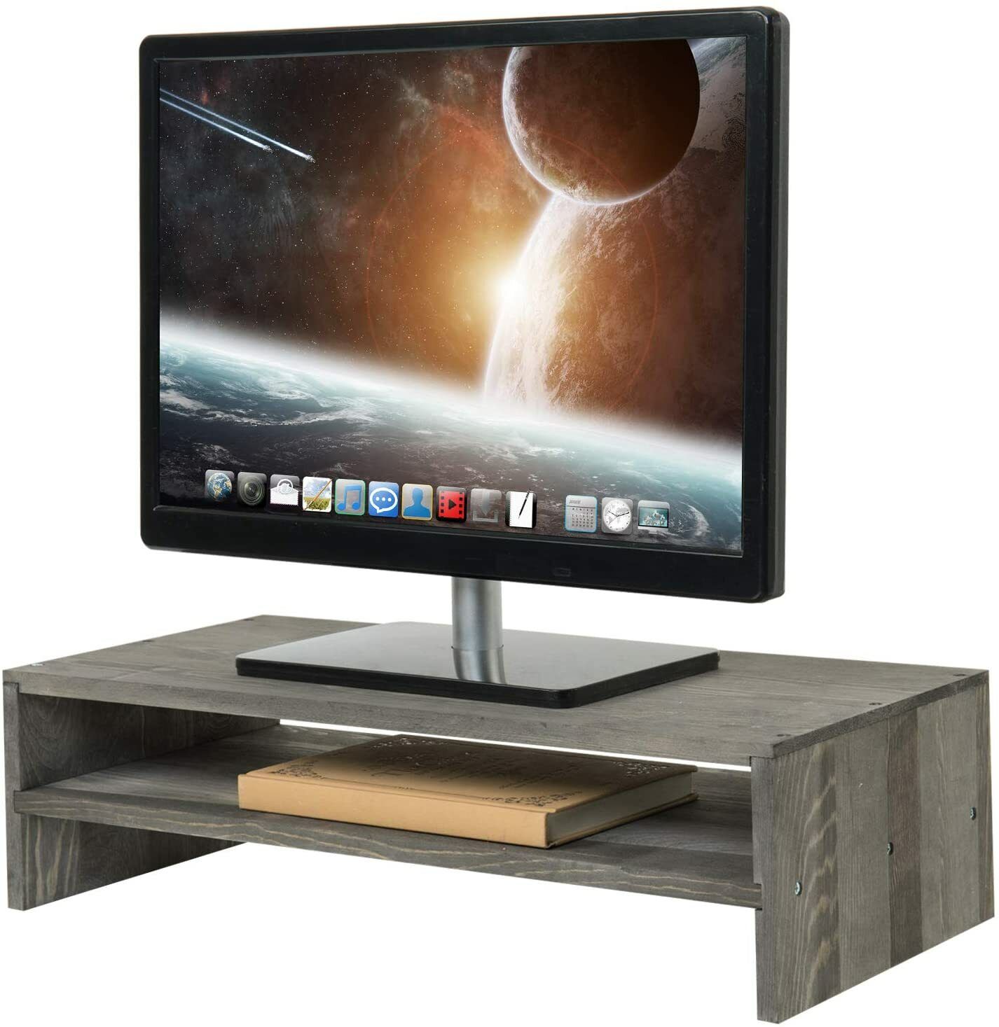2-Tier Rustic Barnwood Style Office Computer Monitor Stand & Desktop Shelf