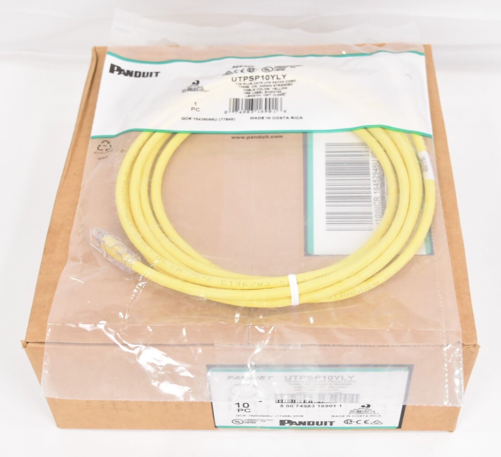 Box of (10) Panduit 10 Ft Yellow RJ45 Cat 6 Ethernet Patch Cables UTPSP10YLY