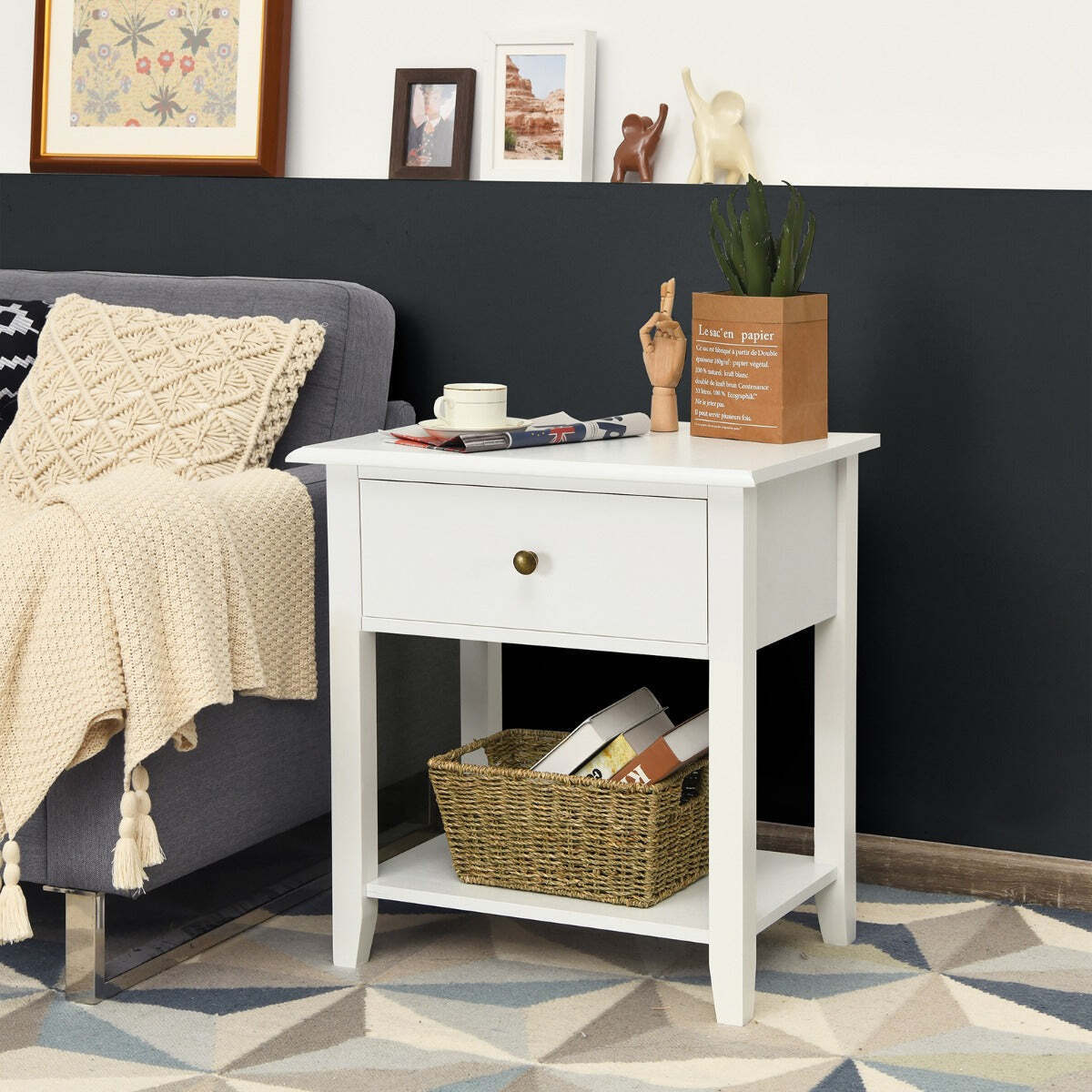NNECW Modern Nightstand with Drawer and Shelf for Bedroom-White