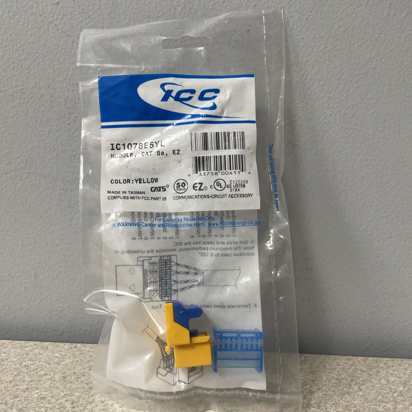 ICC CAT5JACK-YL Category 5E Modular Connector Jack 8 Conductor Yellow Single