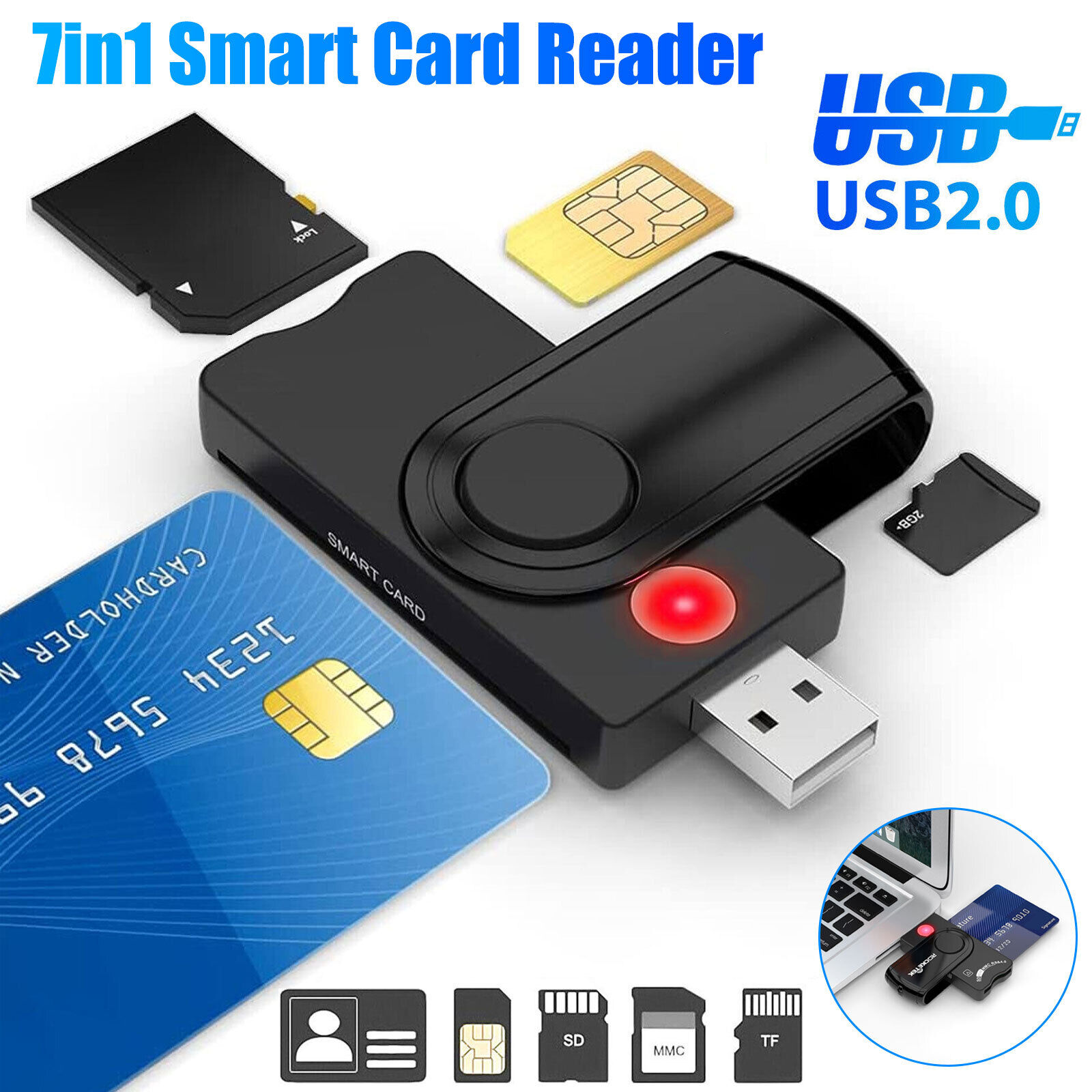 7-in-1 Smart USB 2.0 Micro TF SD SIM ID Card Reader Memory Adapter for PC Laptop