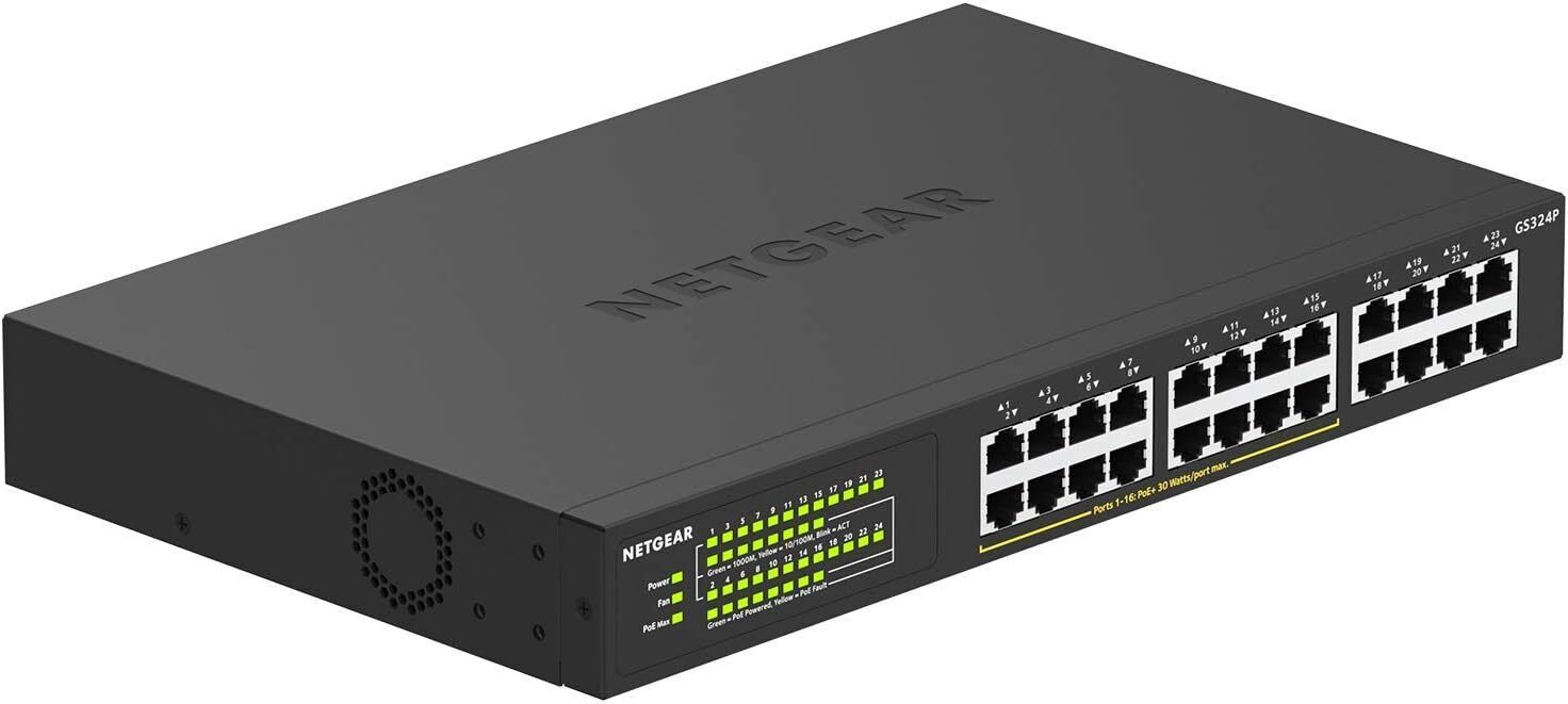 NETGEAR GS324P-100NAS 24-Port Gigabit Ethernet PoE+ Switch, Unmanaged - Black