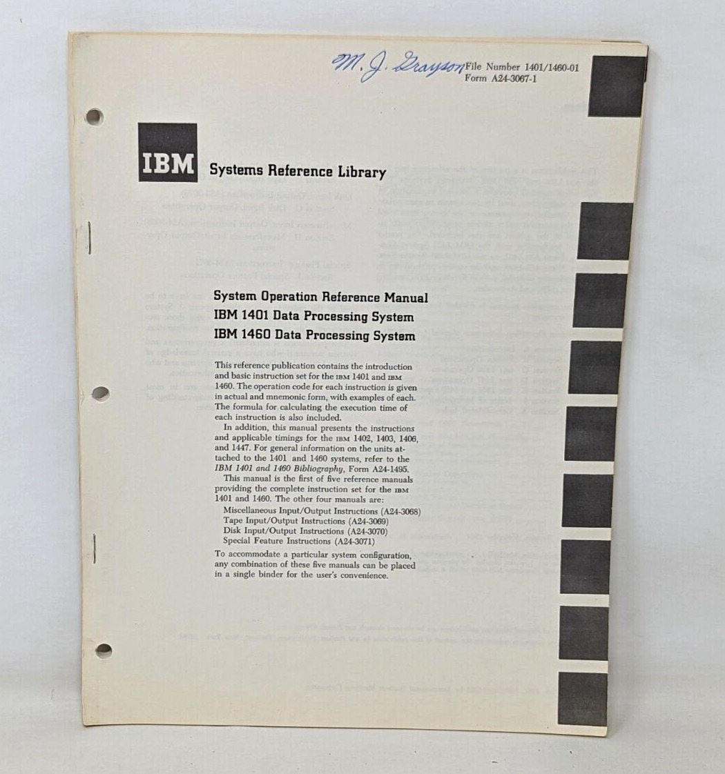 VTG 1964 IBM Systems Reference Library 1401 1460 Operation Manual Booklet OA22