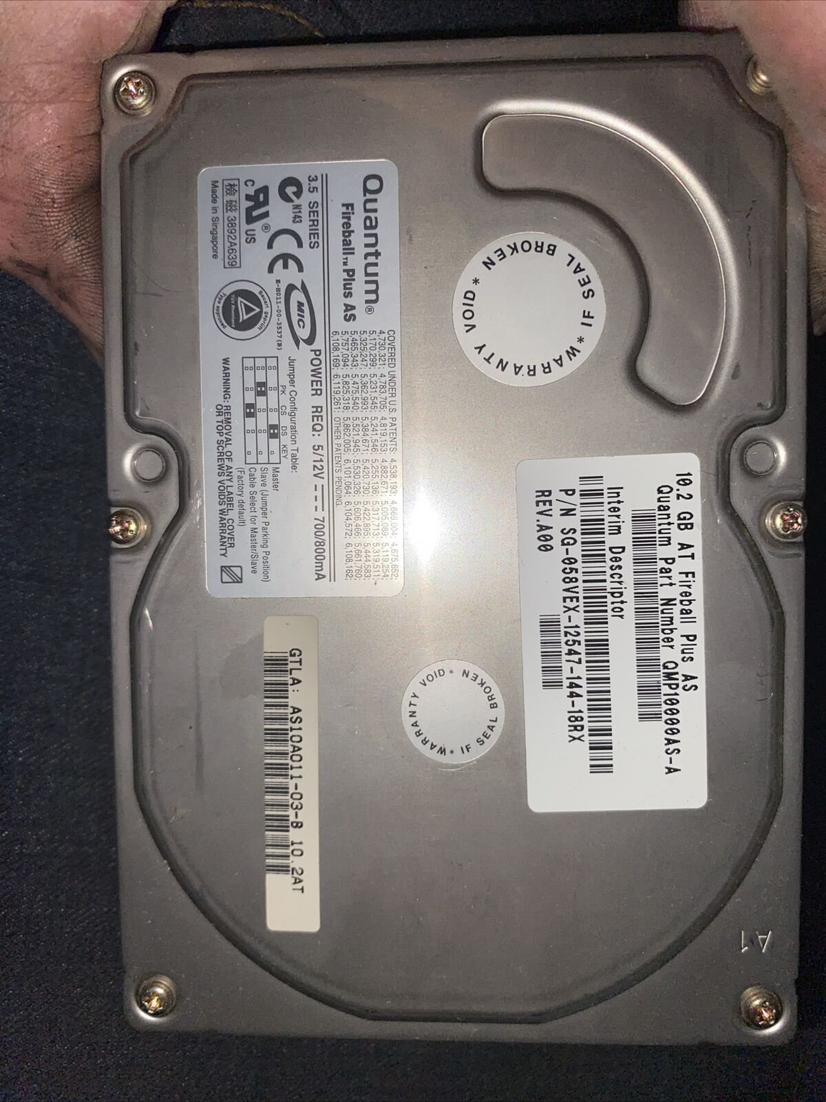 Hard Drive Disk IDE Quantum Fireball Plus AS 10.2GB QMP10000AS-A AS10A014-02-B