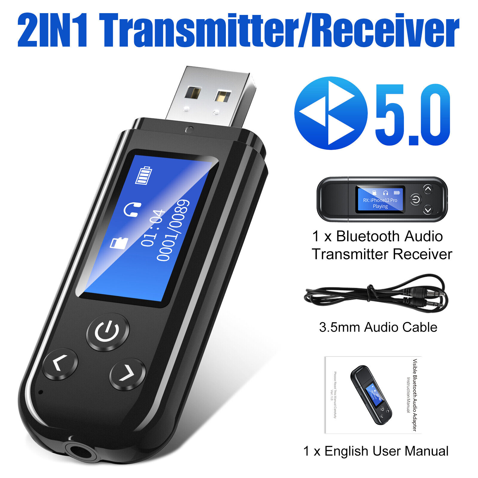 Bluetooth 5.0 Audio Transmitter Receiver Adapter AUX For TV PC Car 2in1 USB LCD