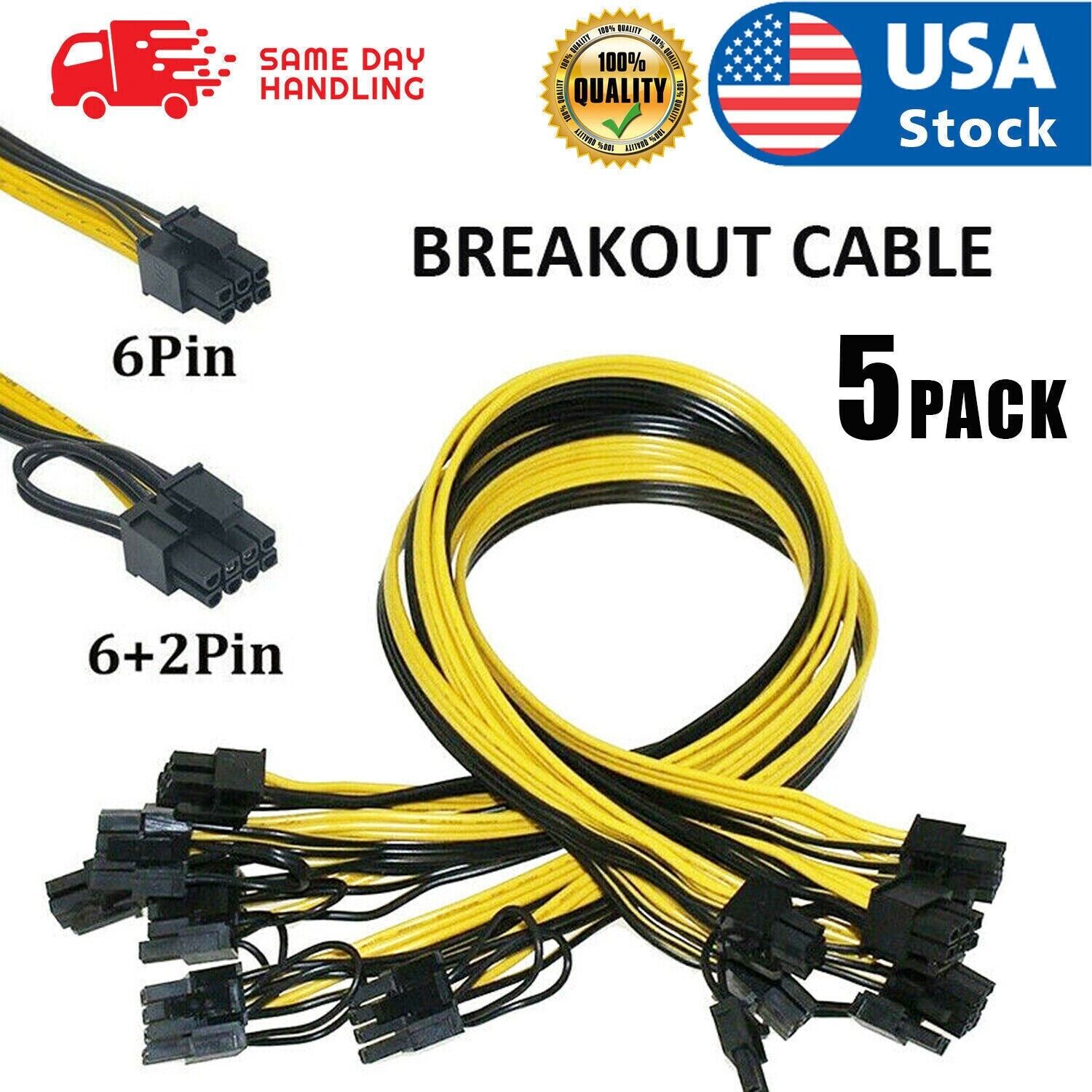 5PCS 50cm Breakout Cable 6 pin to 8 pin (6+2) PCIE Cable 18AWG Mining Cable US