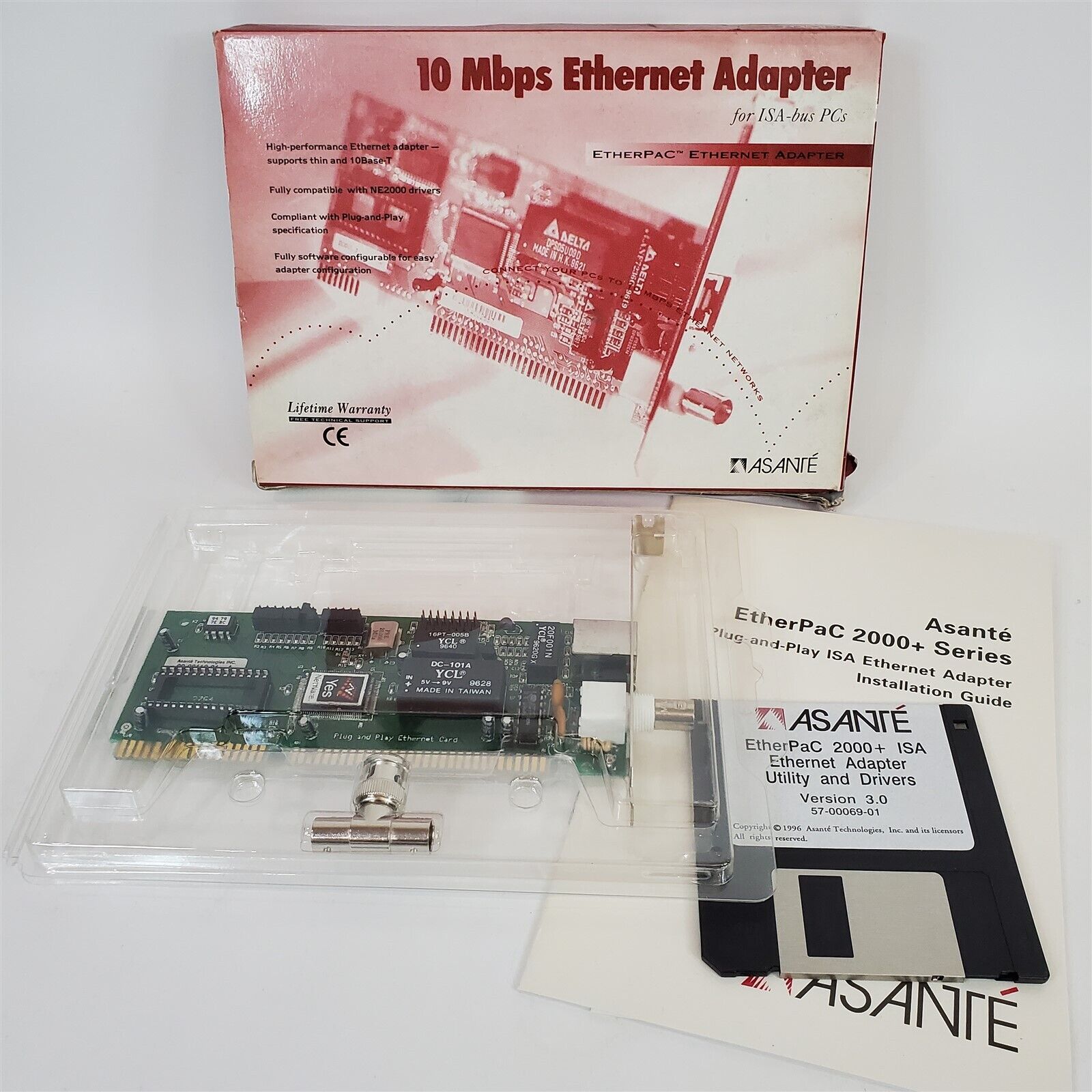 VTG 1997 Asante Etherpac 10Mbps Ethernet Network ISA Card 2000+TC 10T & BNC NOS