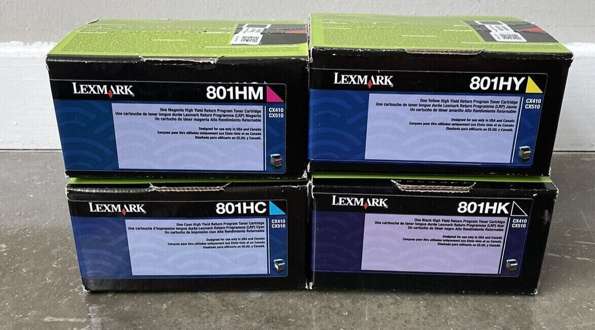 GENUINE SET  4 SEALED LEXMARK HI-YLD TONERS 801HK 801HC 801HY 801HM CX410 CX510