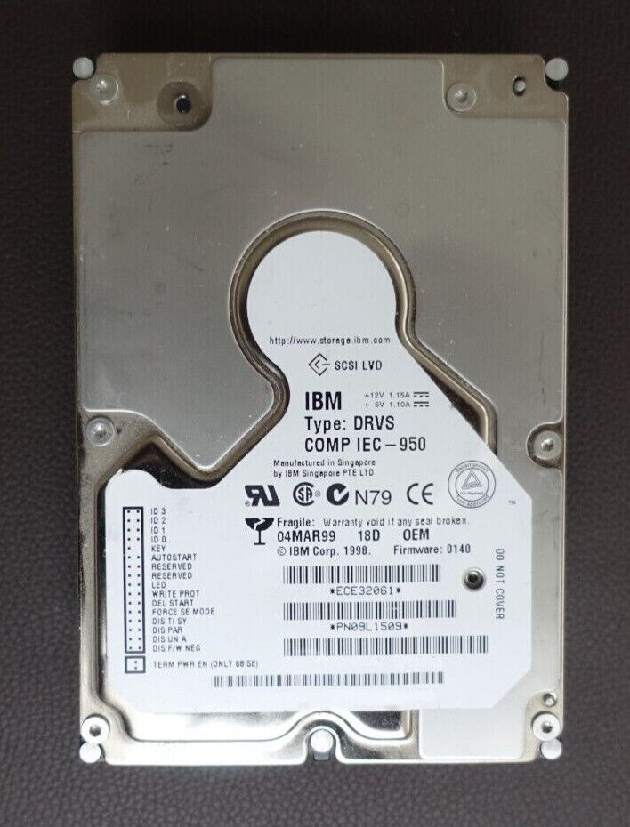IBM 18.2GB 10000RPM Ultra SCSI 80-Pin 8MB 3.5-inch Hard Drive (09L1509) - As Is