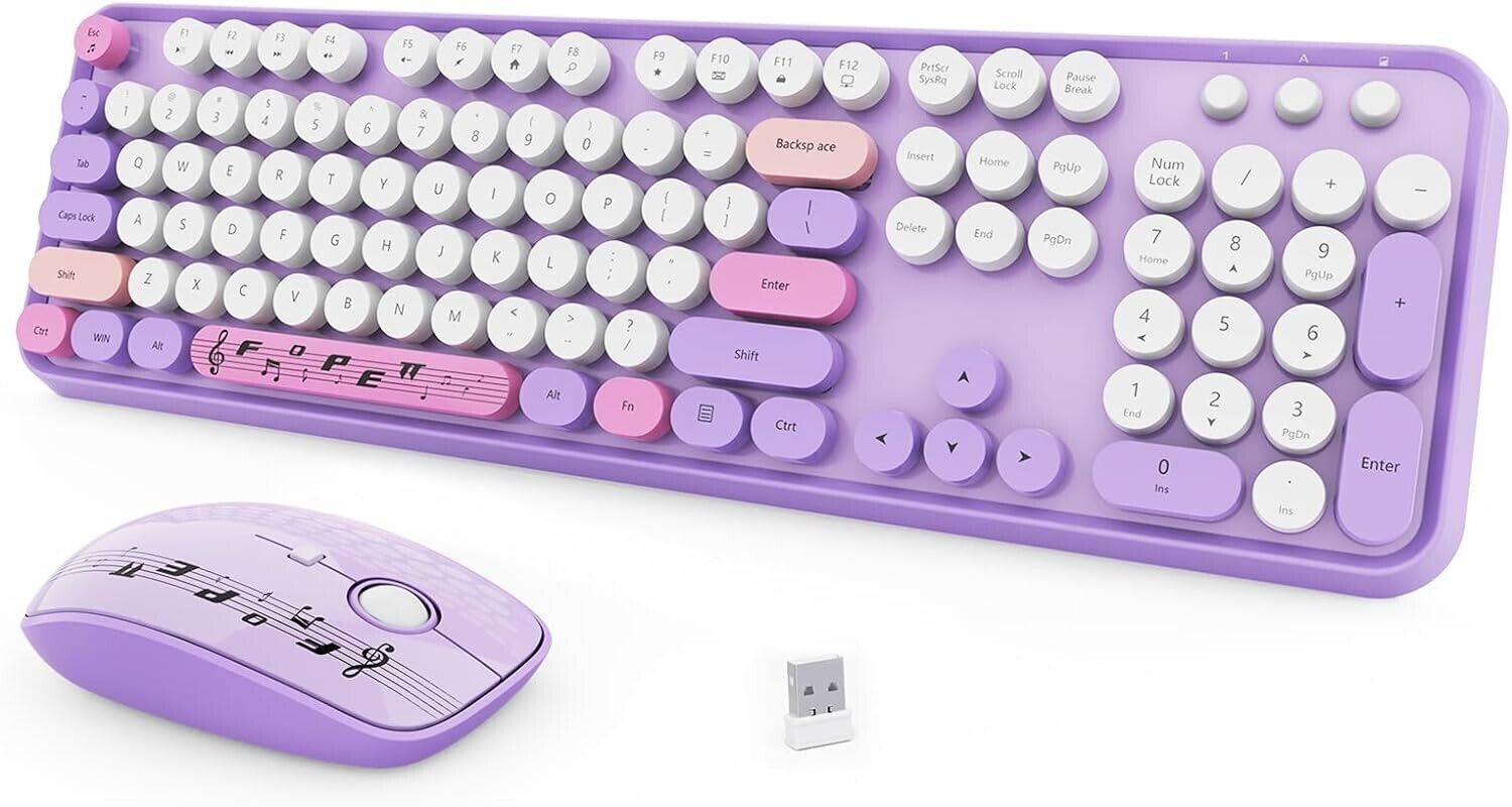 💜Eye-Catching Purple💜 Wireless Keyboard Mouse Combo - Retro Round Keys -NEW