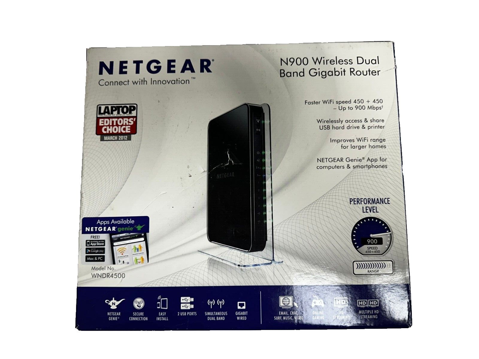 NETGEAR N900 Dual Band 4-Port Wi-Fi Gigabit Router WNDR4500v3 w/ Adapter