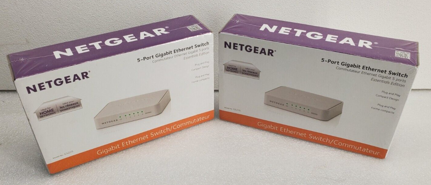 LOT 2X - NEW Netgear 5-Port Gigabit Ethernet Switch (gs205-100pas) (gs205100pas)