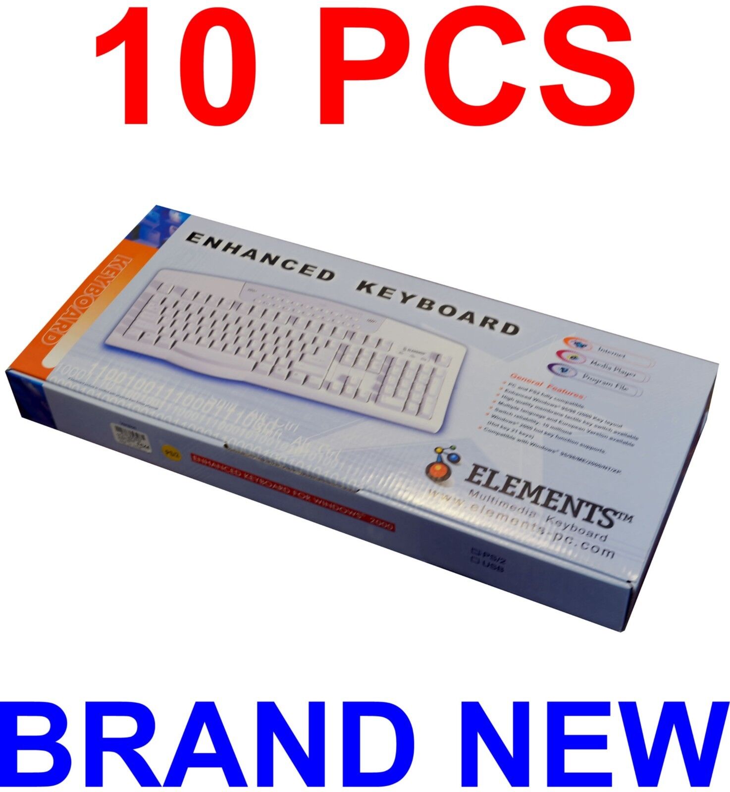(Lot of 10) ELEMENTS Enhanced Multimedia PS2 White Color Keyboard 