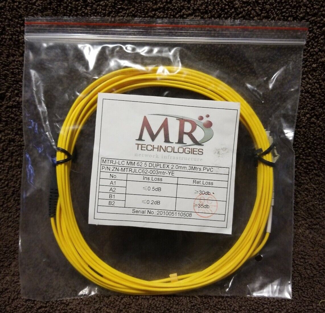 Fiber Optic MTRJ-LC MM 62.5 DUPLEX 2.0mm, 3Mtrs.PVC P/N: ZN-MTRJLC62-003mtr-YE 