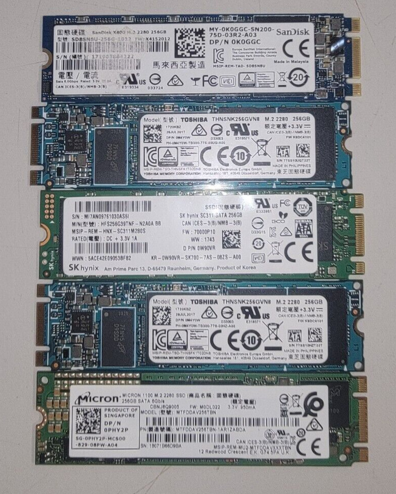 Lot of 5 Mixed Brand 256GB M.2 2280 PCIe SSD Micron Kingston Toshiba