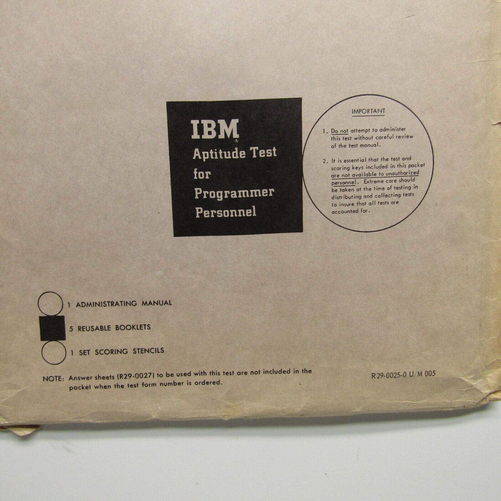 Vintage IBM Aptitude Test for Programmer Personnel 1964 Manual Score Key Cards 