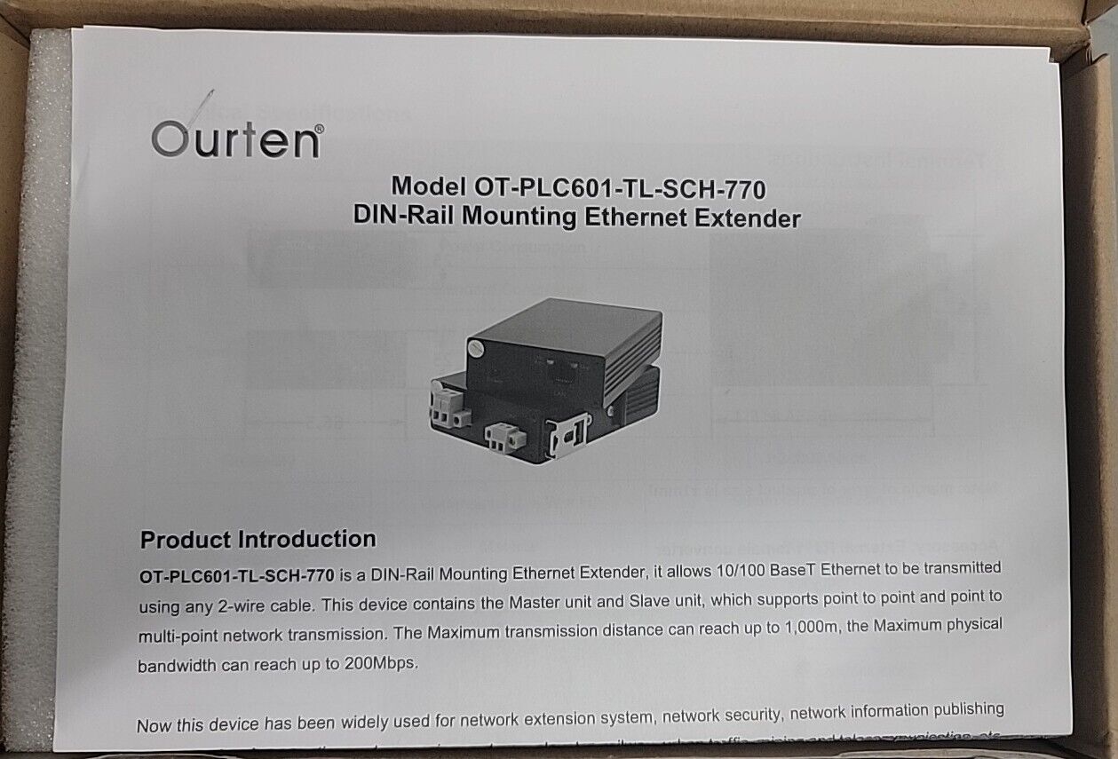 Ourten DIN-Rail Mount Versatile Ethernet Extender Over Any 2-Wire OT-PLC-601-TL