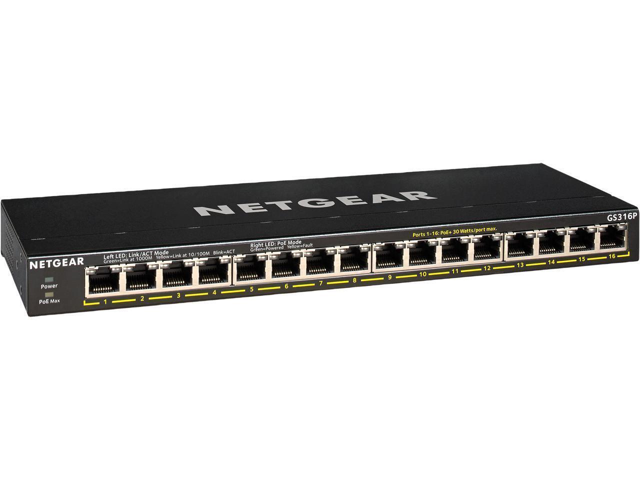 NETGEAR 16-Port Gigabit Ethernet Unmanaged PoE+ Switch (GS316P) - with 16 x PoE+