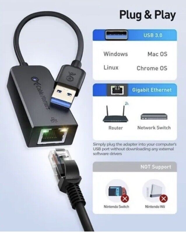 Cable Matters Plug & Play USB to Ethernet Adapter Supporting 10/100/1000Mbps