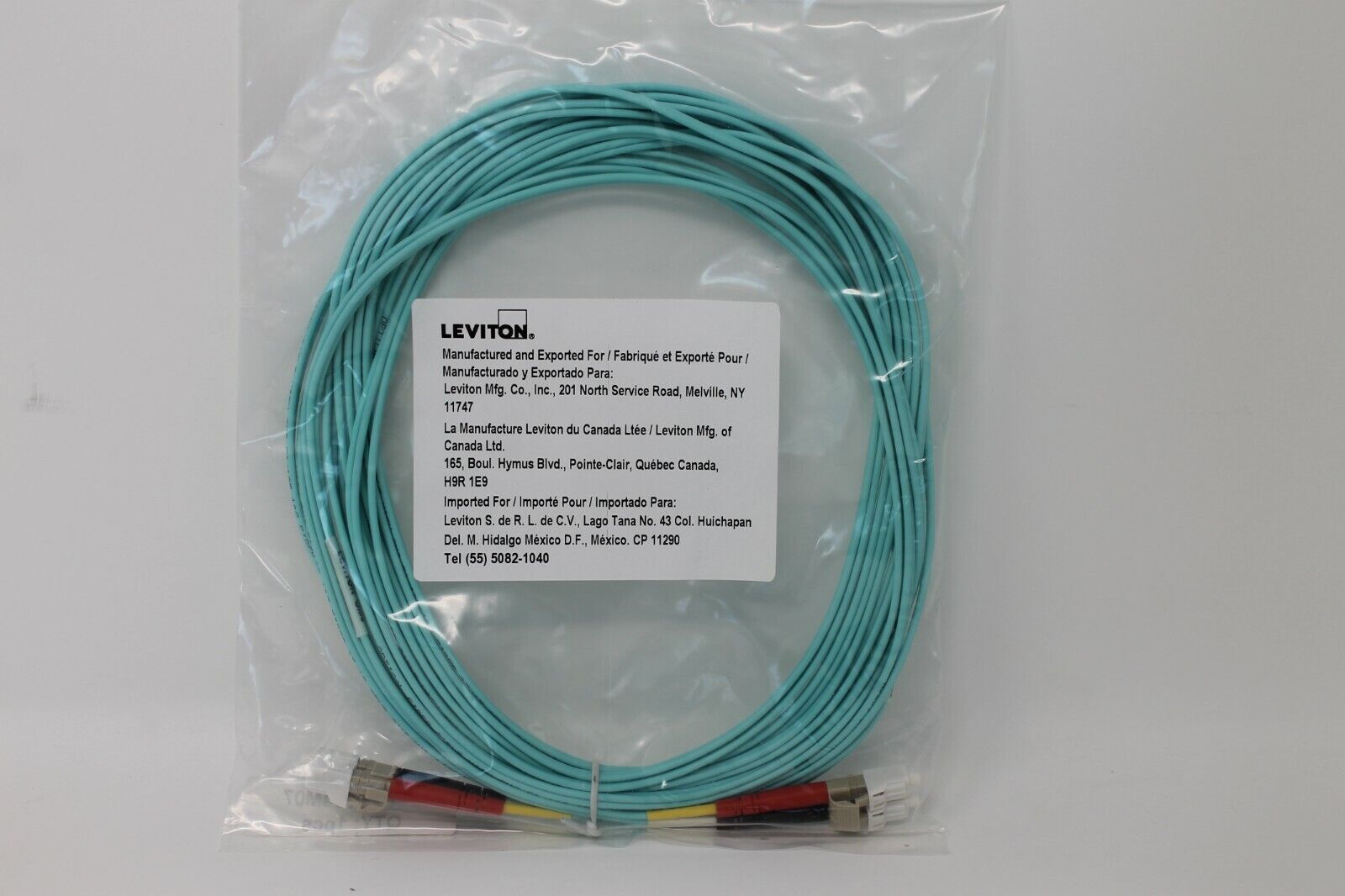 LEVITON LC-LC Duplex 50/125 OM3 Fiber Patch Cable OFNR Aqua Multimode 10G 1M