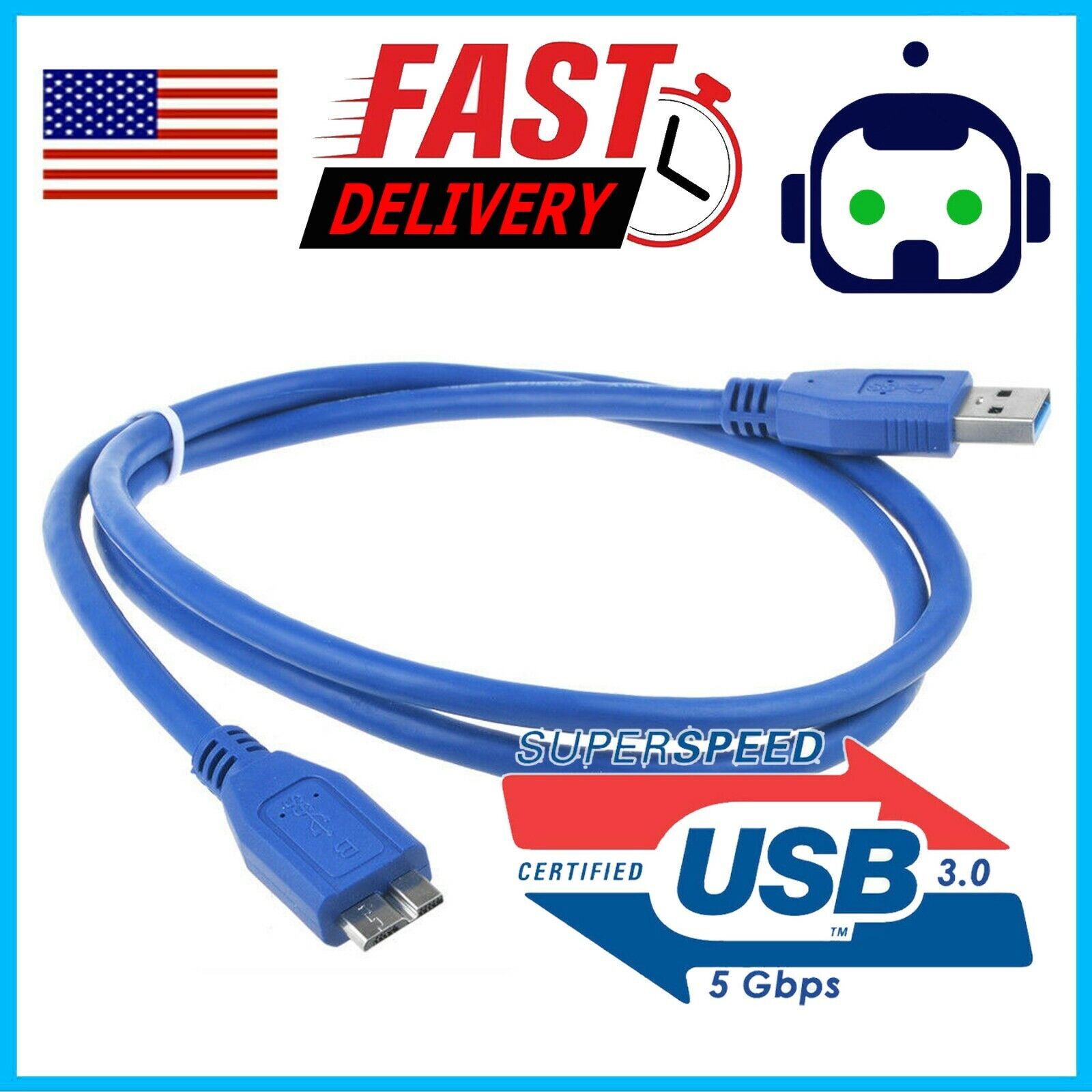 2 FT Micro USB 3.0 Flat Cable for WD My Passport & My Book External Hard Drive