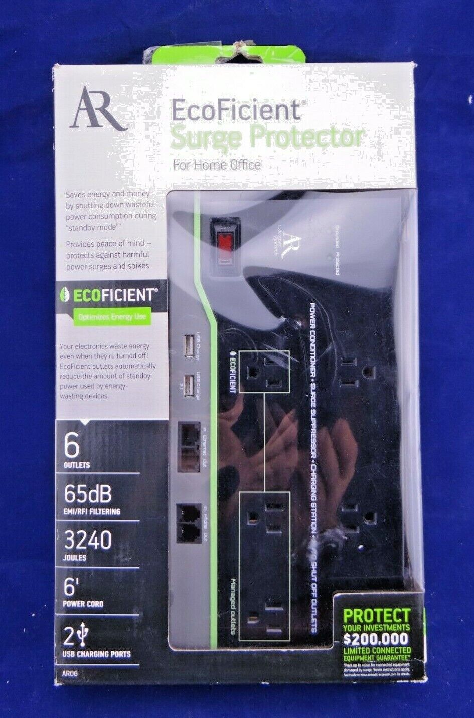 Acoustic Research AR06 Ecoficient Surge Protector for Home Office NEW