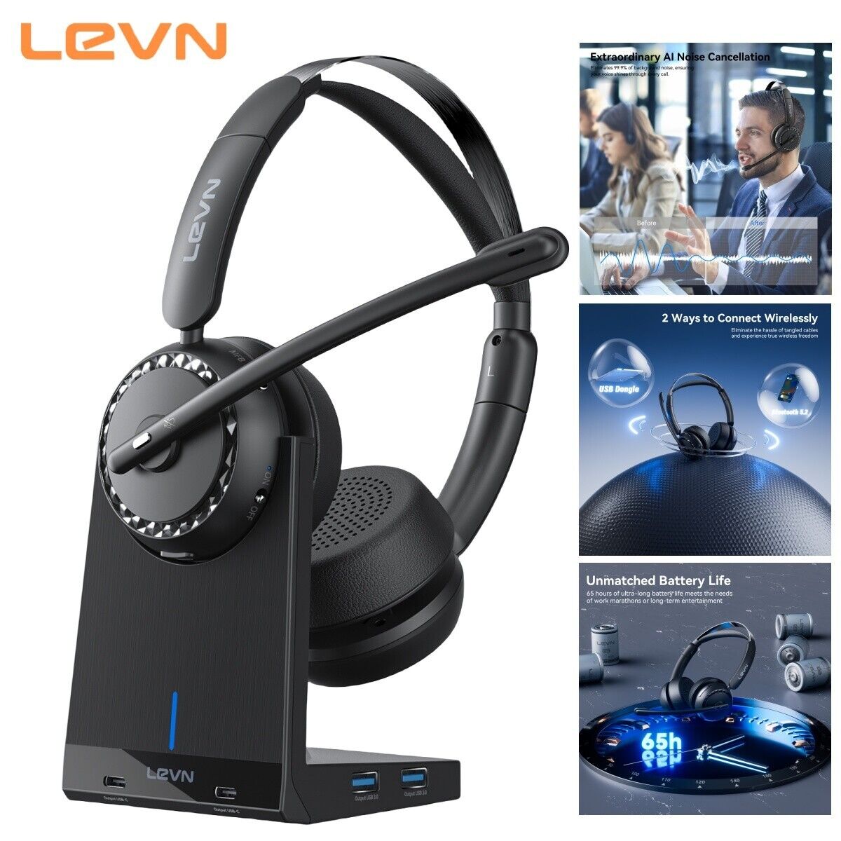 LEVN Wireless Headset, Bluetooth 5.2 Headset With Mic & AI Noise Cancelling