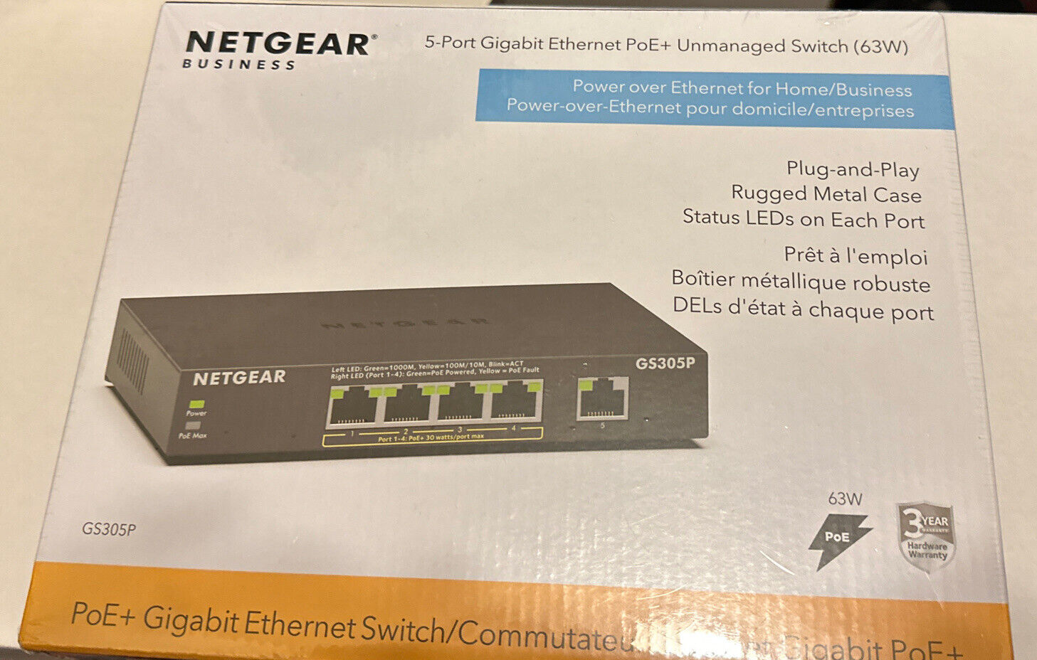NETGEAR GS305P 5-Port Gigabit Ethernet PoE Unmanaged  Switch (63W) -NEW