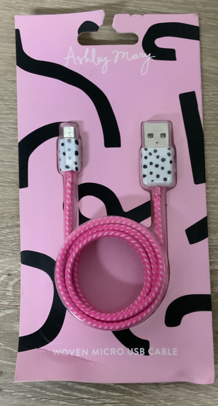 📀 Ashley Mary Woven Micro USB Cable - Pink, White & Black NEW