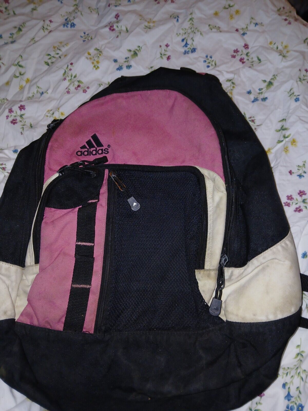 Vintage Adidas Back Pack Pink & Black Front Zip Pockets 16” Lots Of Life Left