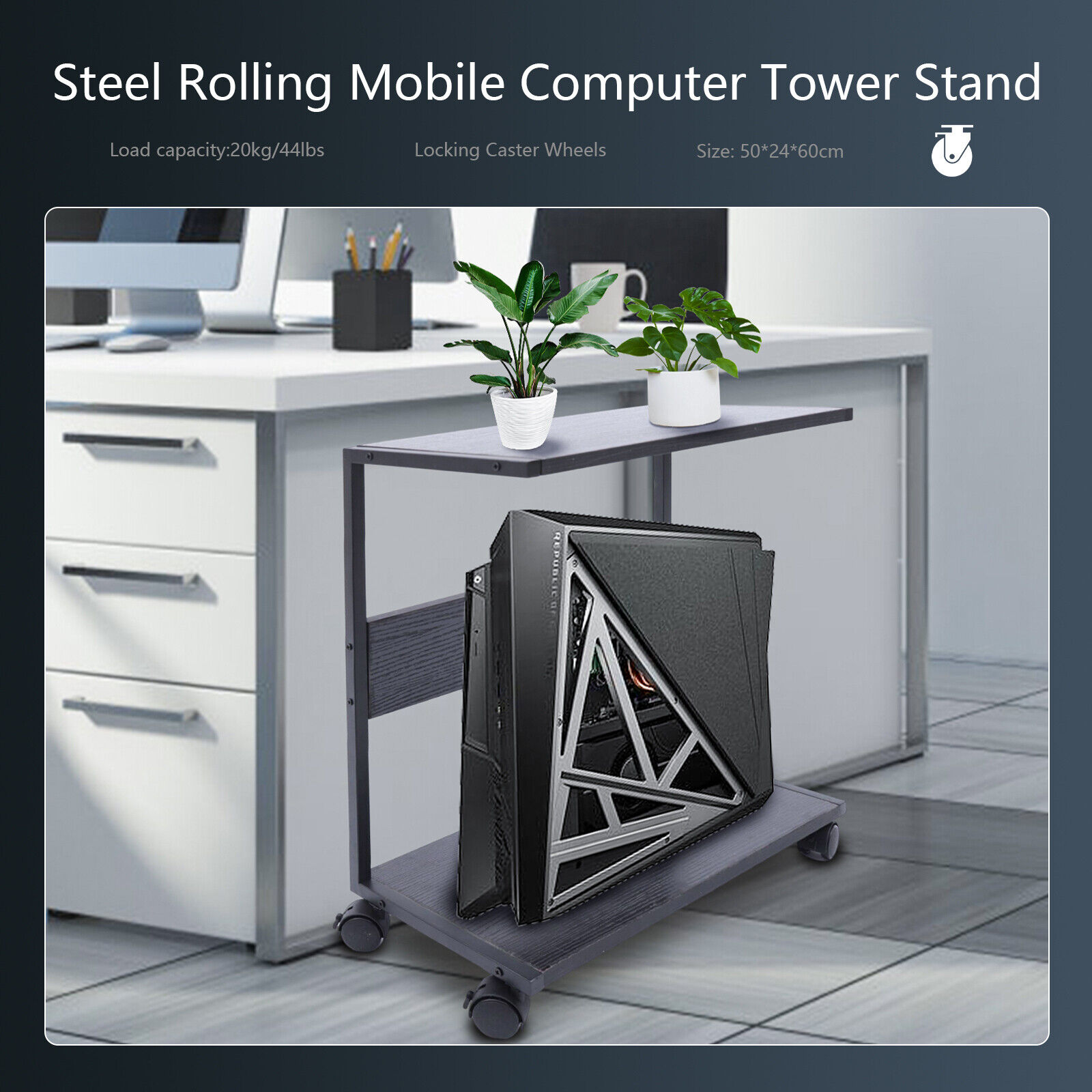 CPU Stand Computer Tower Under Desk CPU Holder 2-Tier w/ Lockable Caster Wheels