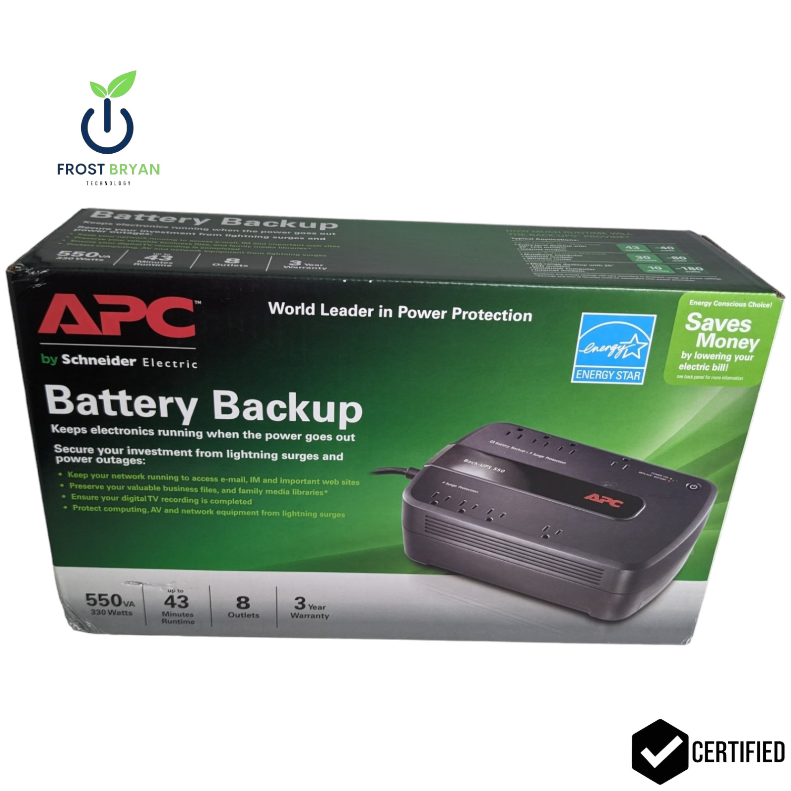 APC Back-UPS 550 BE550G Battery Backup Surge Protector 550va 8 Outlets