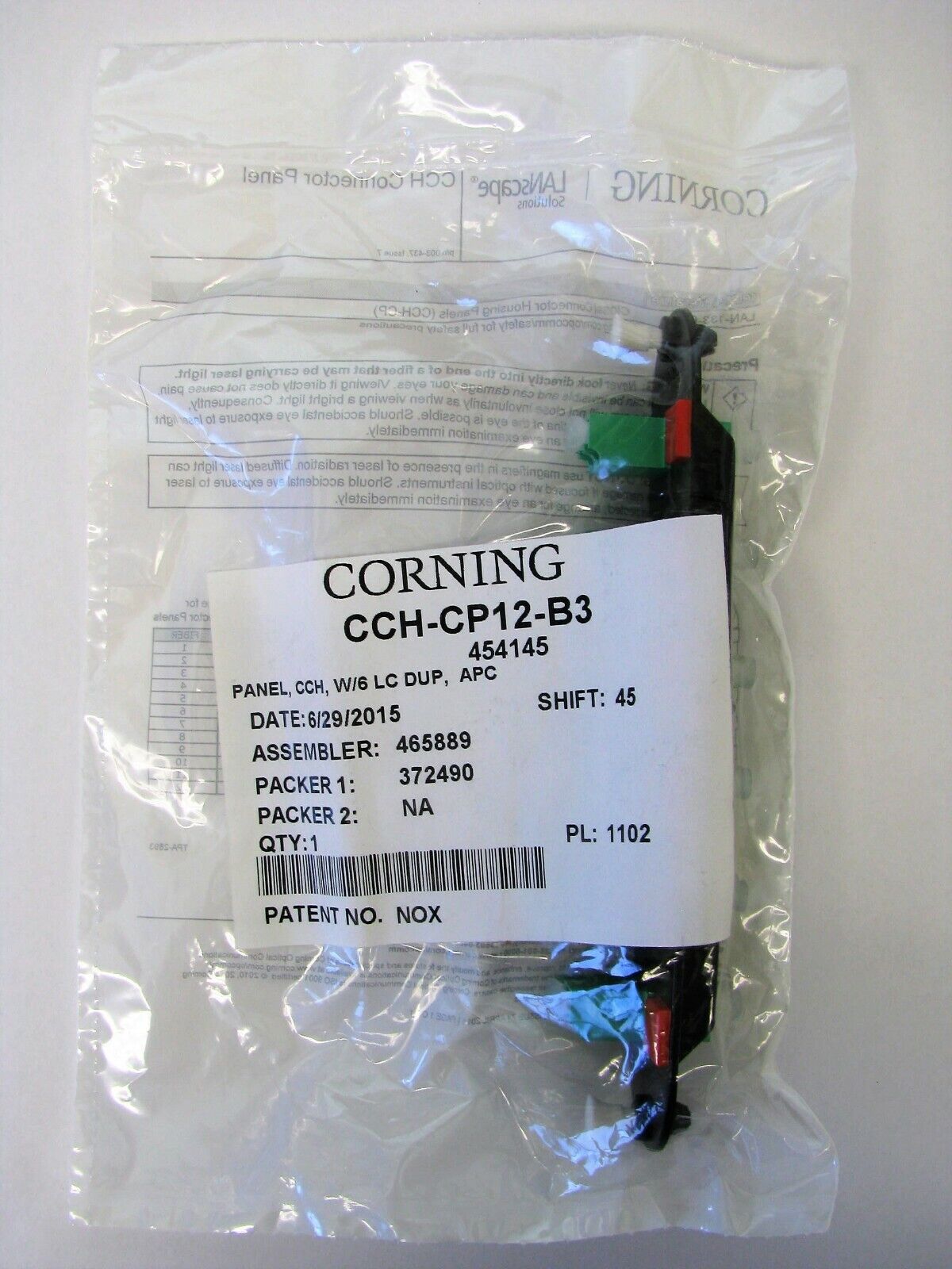 Corning CCH-CP12-B3 Panel LC Singlemode, Duplex, 12 Fiber OS2, APC Polish *NEW*