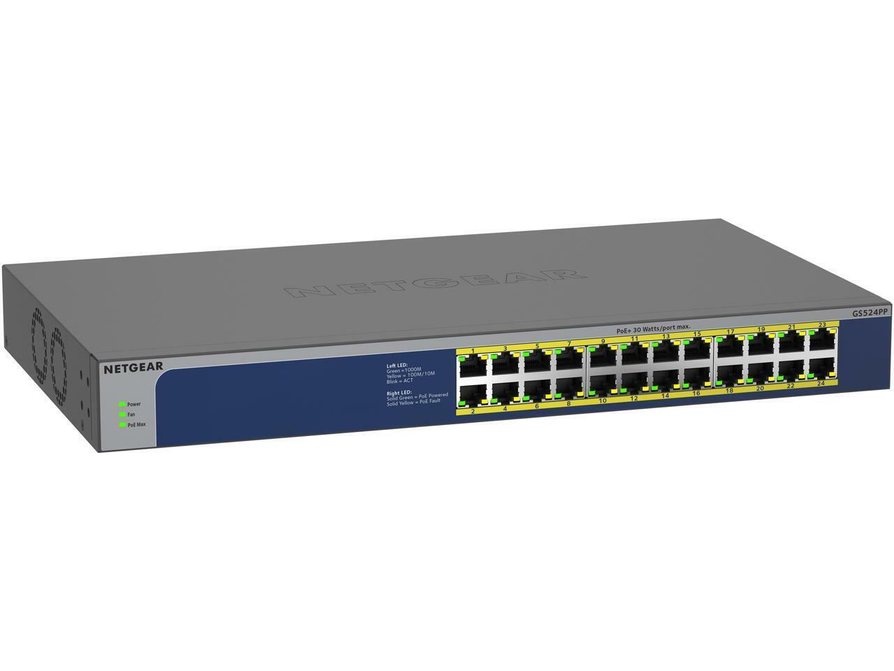 NETGEAR 24-Port Gigabit Ethernet Unmanaged PoE Switch (GS524PP) - with 24 x PoE+