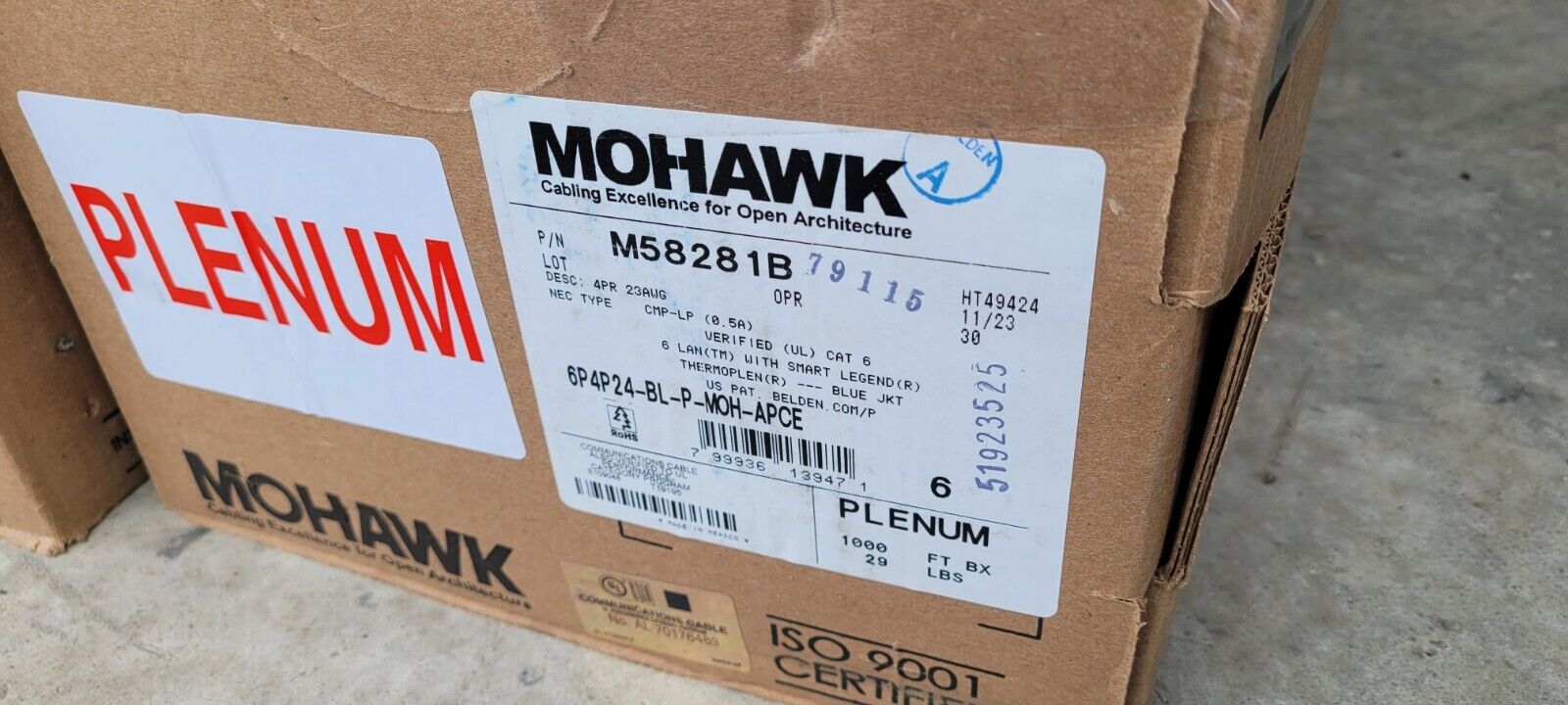 Mohawk CAT6 Plenum Blue 1000' M58281B 6P4P24-BL-P-MOH-APOE CAT 6