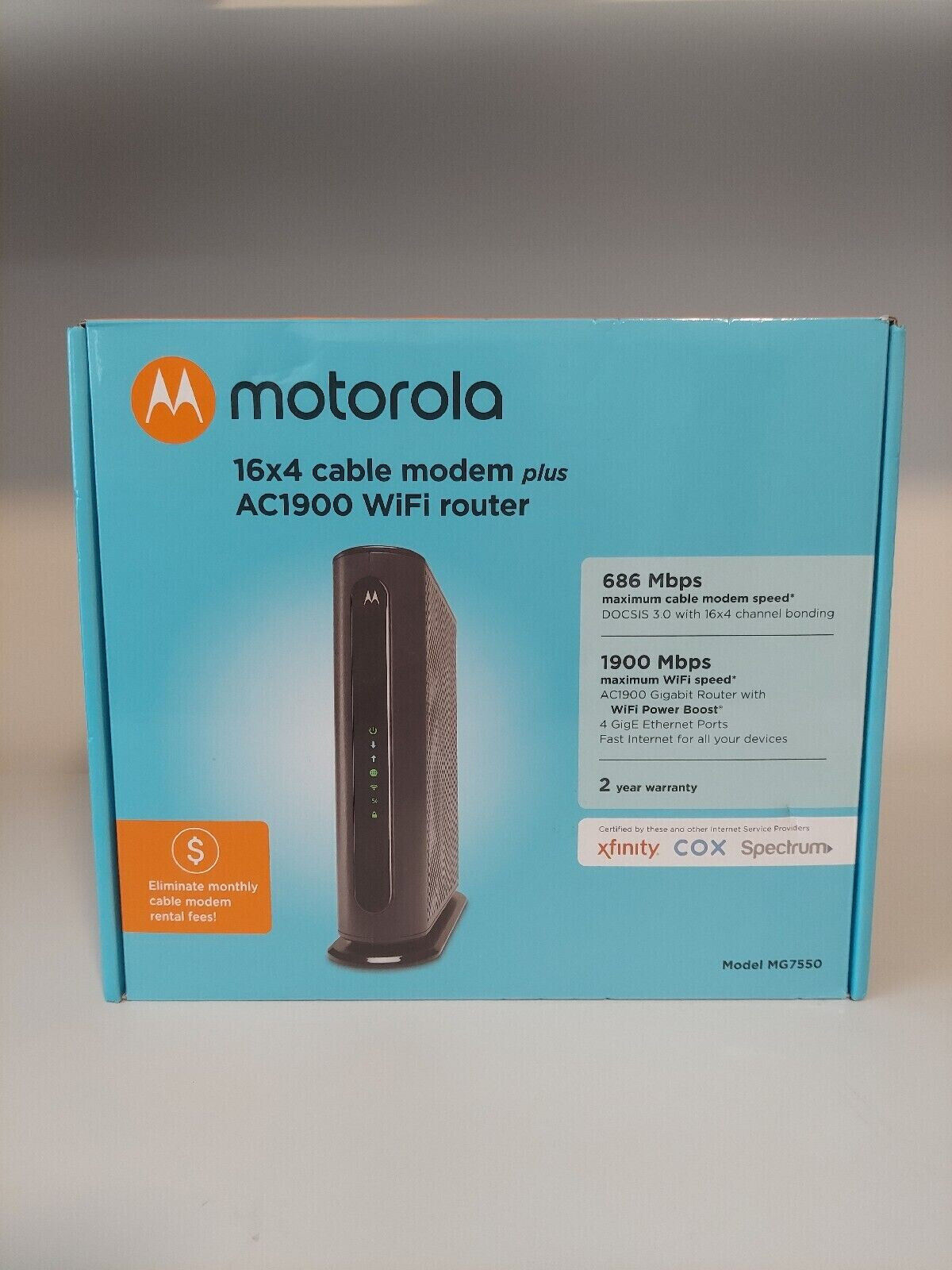 Motorola MG7550 Cable Modem Plus AC1900 WiFi Router Power Adapter Ethernet Cable