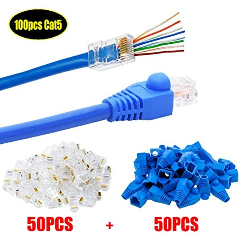 RJ45 Cat5 Cat5e Pass Through Connectors Gold Plated 8P8C Plugs And Blue Strain