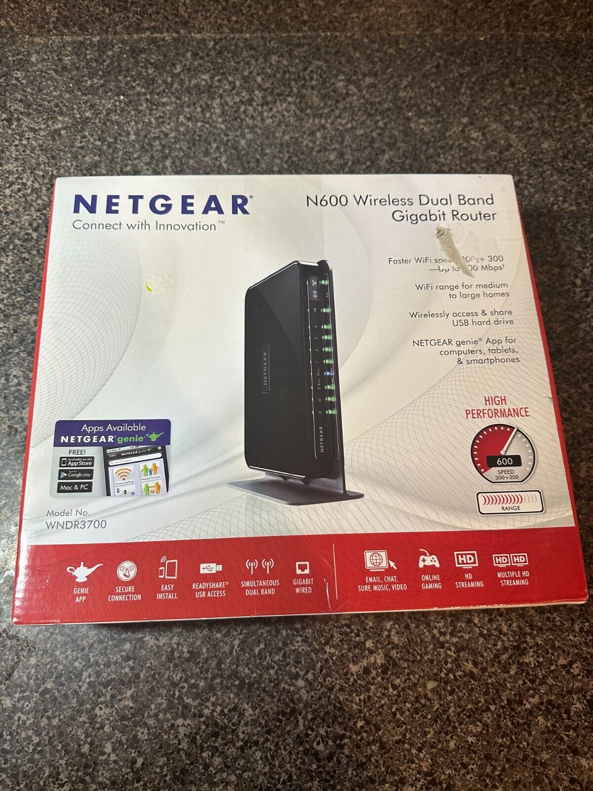 NETGEAR N600 Wi-Fi Wireless Dual Band Gigabit Router WNDR3700 WITH BOX