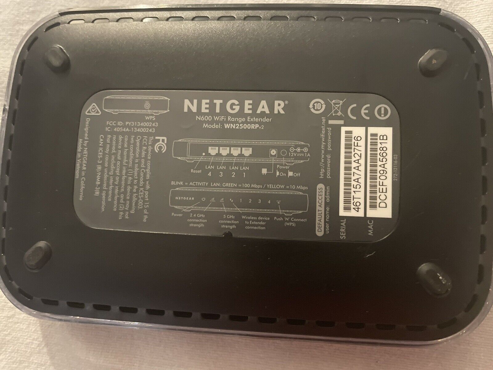 Netgear WN2500RP V2 N600 WiFi Range Extender, no cords, No CD\'s, No Software.
