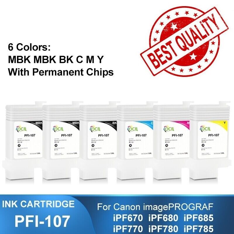6pc PFI-107 Refillable Ink Cartridge with Chip For Canon iPF670 680 685 770 780