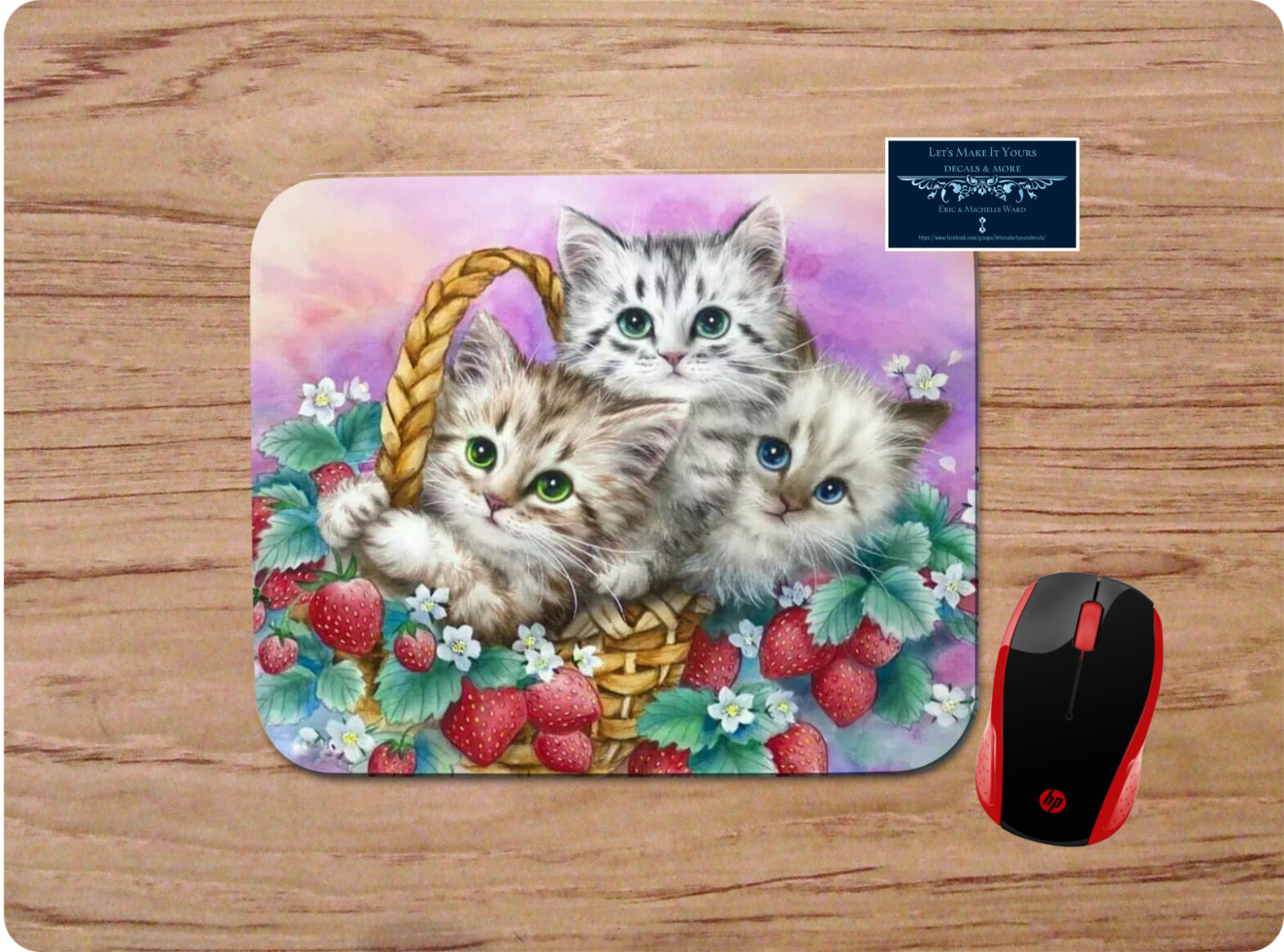 KITTENS IN A BASKET STRAWBERRY ART CUSTOM PC MOUSE PAD DESK MAT HOME OFFICE GIFT