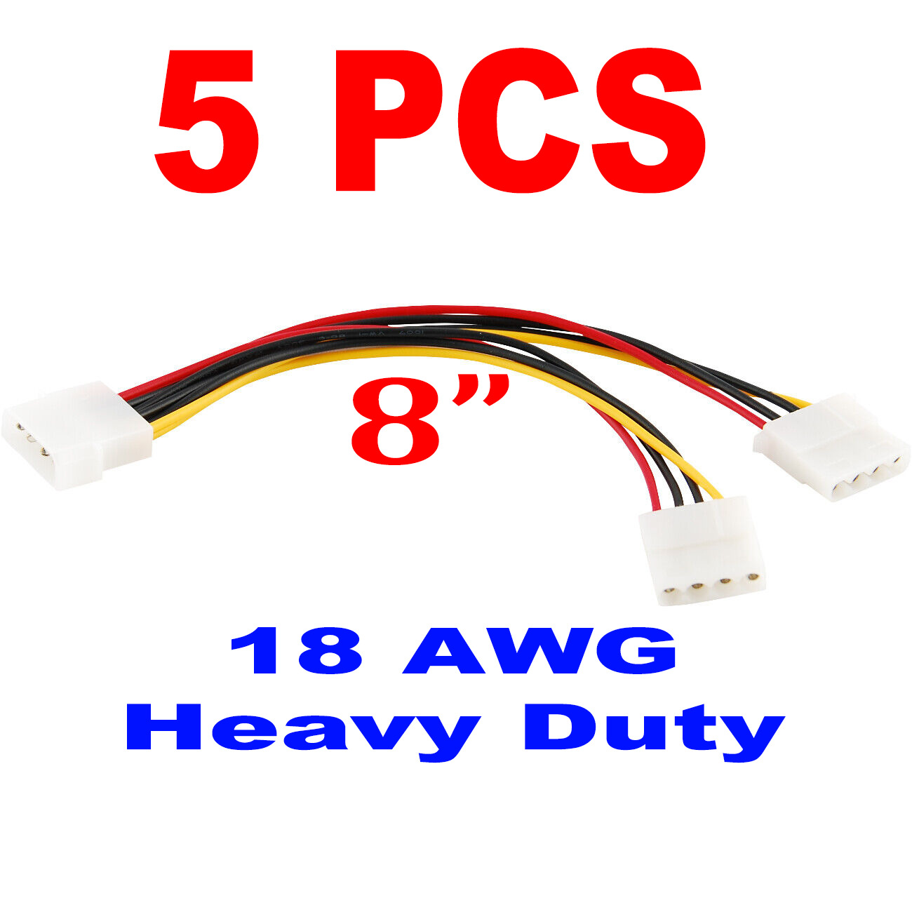 4-Pin Molex Splitter Cable Male to 2x Female IDE Power Splitter 18AWG (5-Pack)